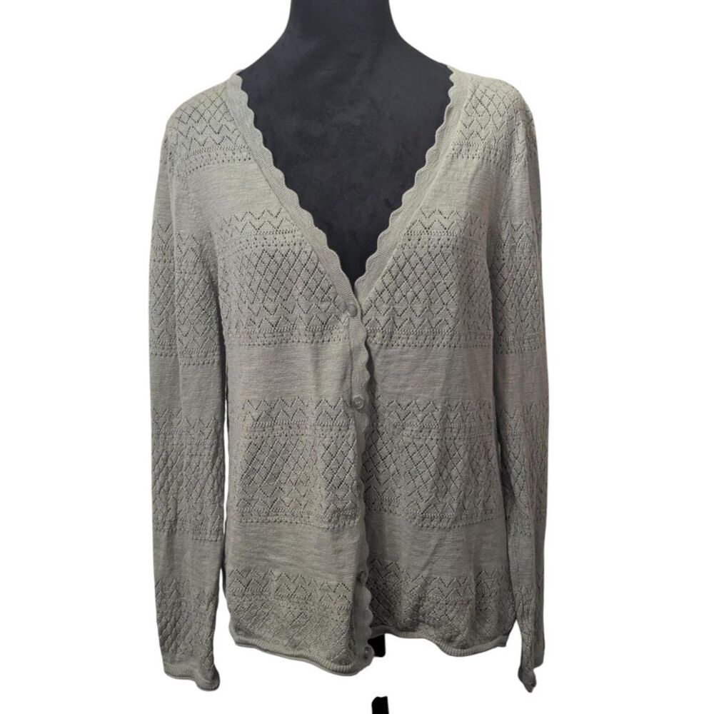 Frye Pointelle Knit Cardigan XL Sage Green Scalloped Edge Coastal Grandmother